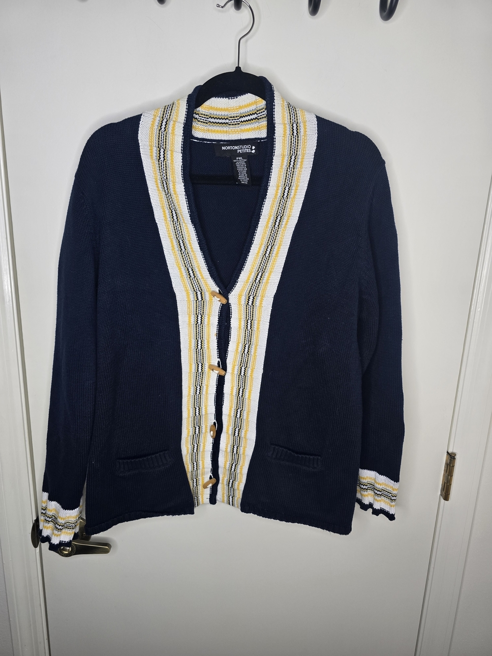 Nautica Navy Cardigan with Yellow & White Stripe Trim